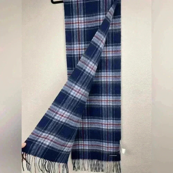 MONOPRIX Unisex One Size 100% Wool Fringe Scarf Blue Plaid Minimalist Essentials - Picture 11 of 13